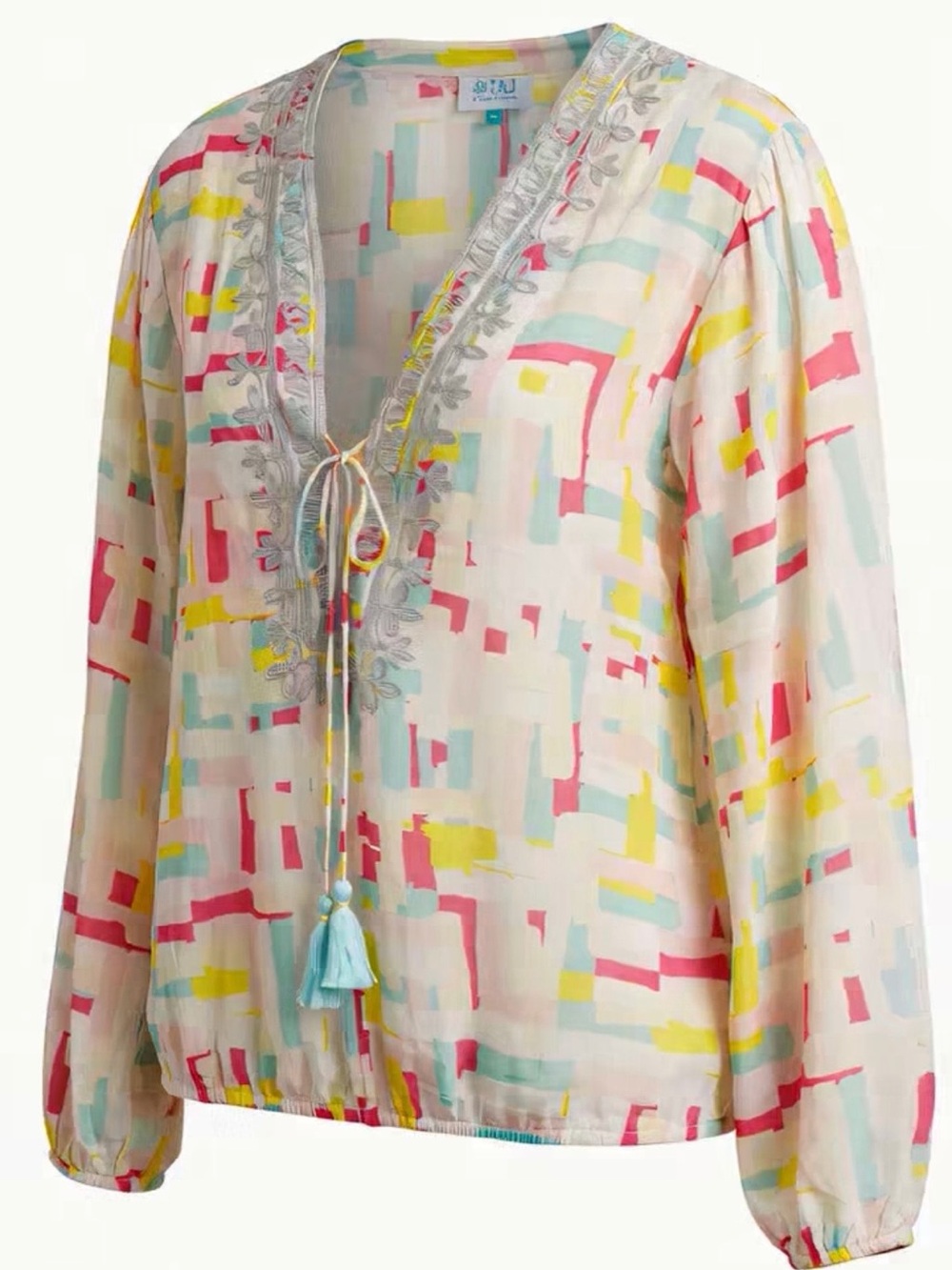 TAJ BY SABRINA CRIPPA Lightweight Printed Peasant Blouse - Pastel Multi